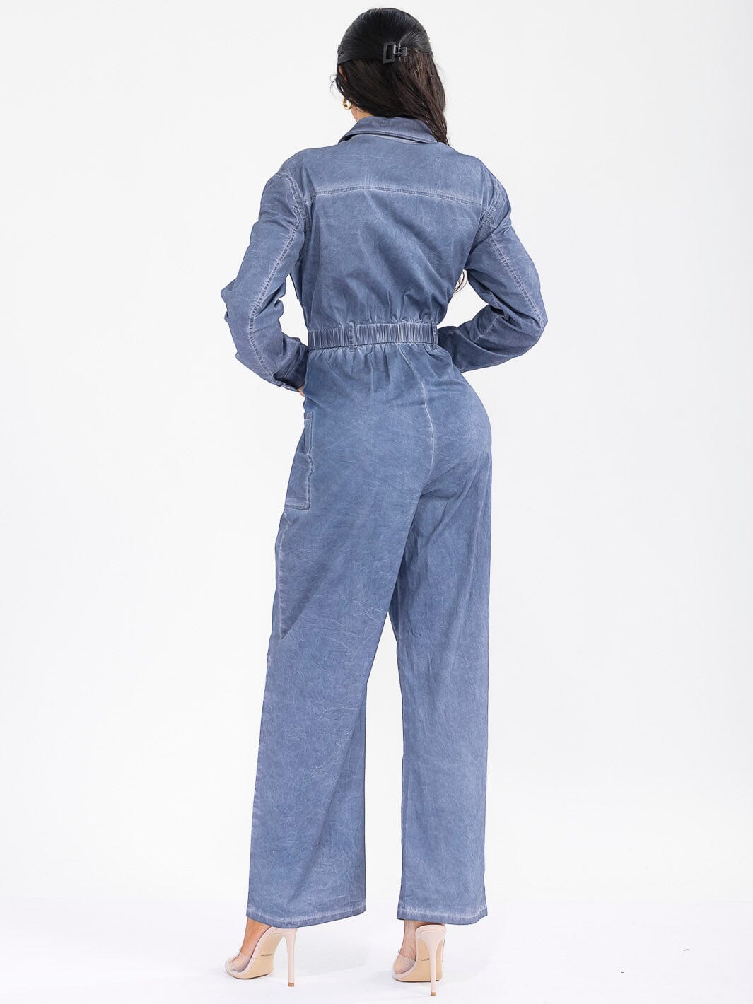 WOMEN'S LONG SLEEVE ZIP UP POCKETS ELASTIC WAIST STRETCH DENIM WASHED JUMPSUIT