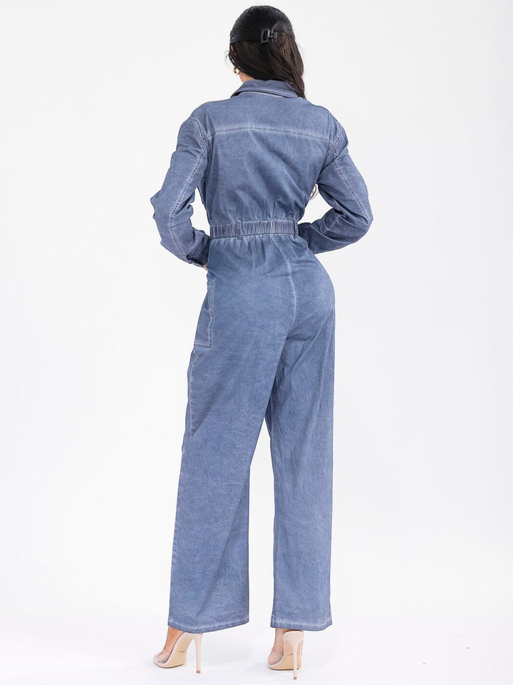 WOMEN'S LONG SLEEVE ZIP UP POCKETS ELASTIC WAIST STRETCH DENIM WASHED JUMPSUIT