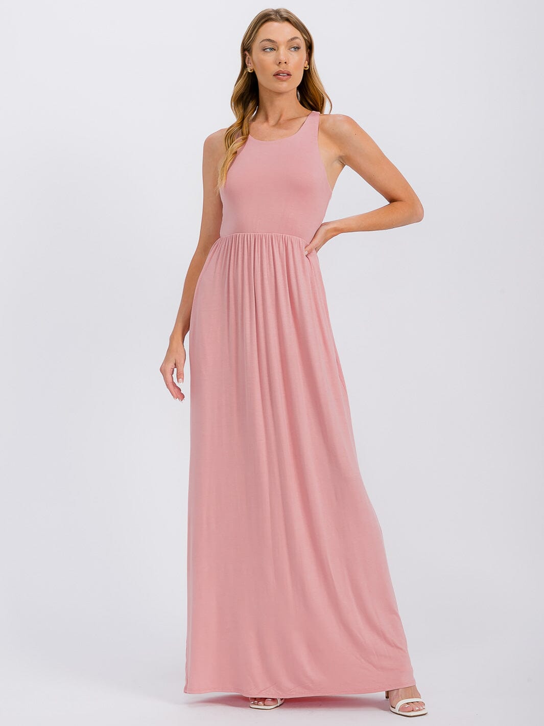 WOMEN'S SLEEVELESS ELASTIC WAIST FRONT POCKETS MAXI DRESS