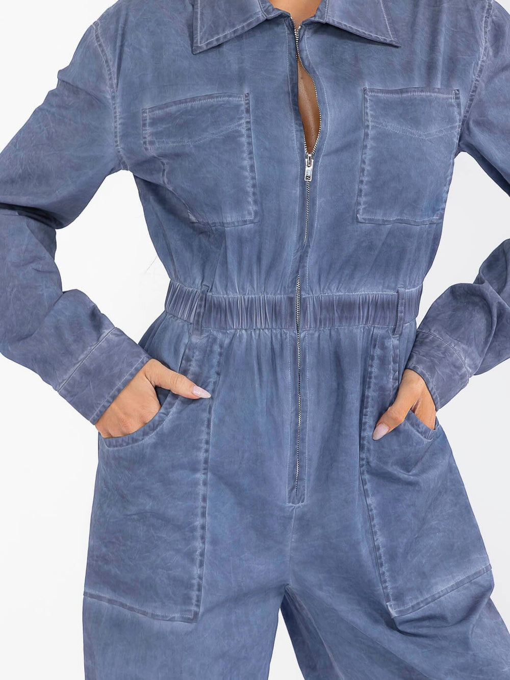 WOMEN'S LONG SLEEVE ZIP UP POCKETS ELASTIC WAIST STRETCH DENIM WASHED JUMPSUIT