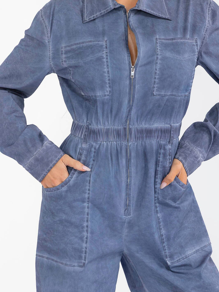 WOMEN'S LONG SLEEVE ZIP UP POCKETS ELASTIC WAIST STRETCH DENIM WASHED JUMPSUIT