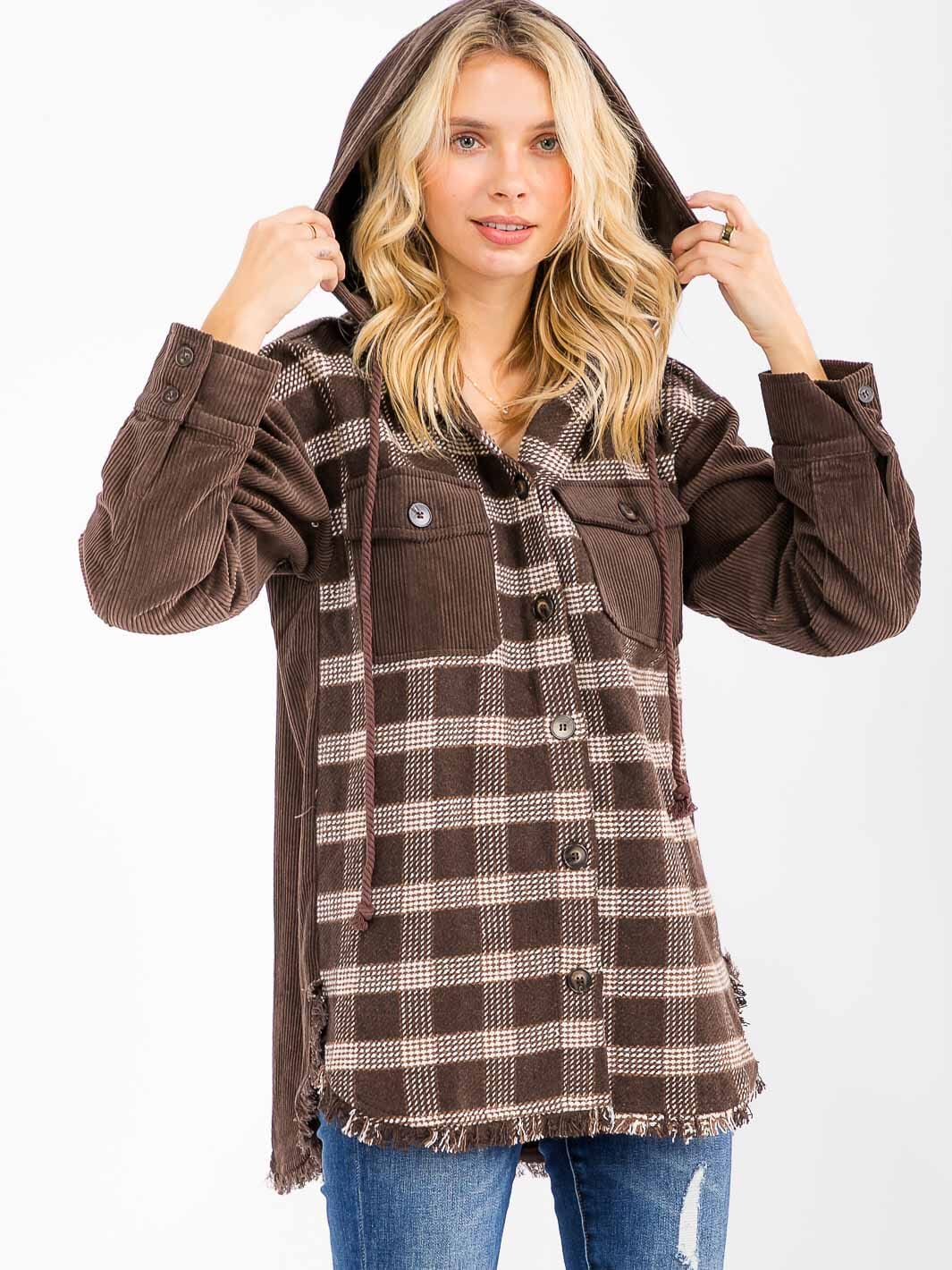 WOMEN'S LONG SLEEVE BUTTON CLOSURE POCKETS HOODED JACKET