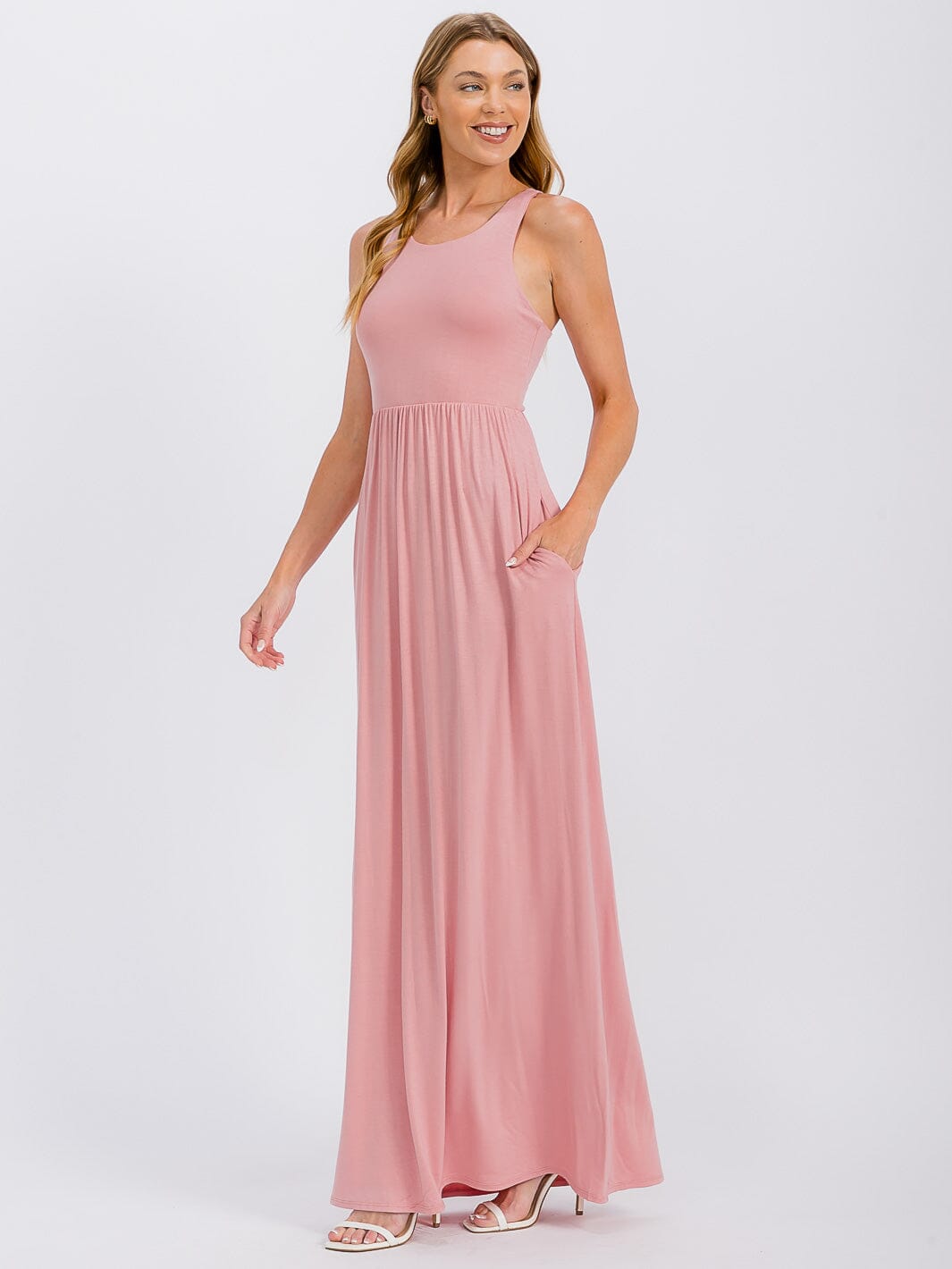 WOMEN'S SLEEVELESS ELASTIC WAIST FRONT POCKETS MAXI DRESS