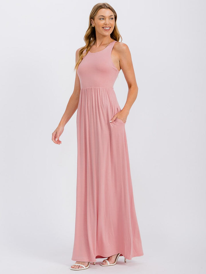 WOMEN'S SLEEVELESS ELASTIC WAIST FRONT POCKETS MAXI DRESS