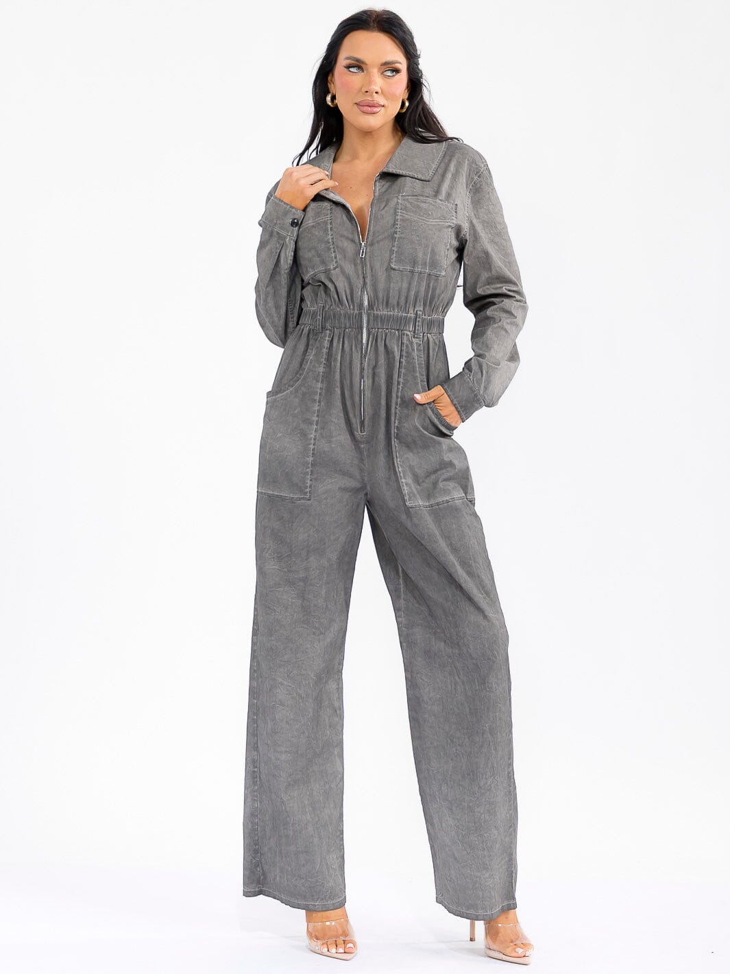 WOMEN'S LONG SLEEVE ZIP UP POCKETS ELASTIC WAIST STRETCH DENIM WASHED JUMPSUIT