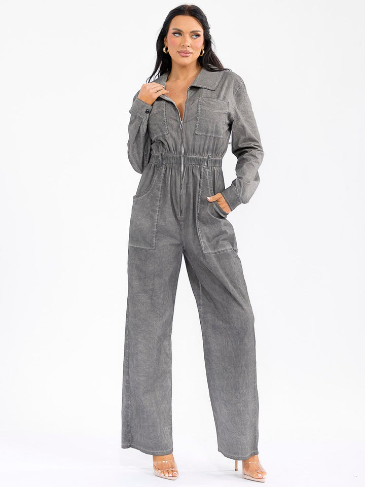 WOMEN'S LONG SLEEVE ZIP UP POCKETS ELASTIC WAIST STRETCH DENIM WASHED JUMPSUIT