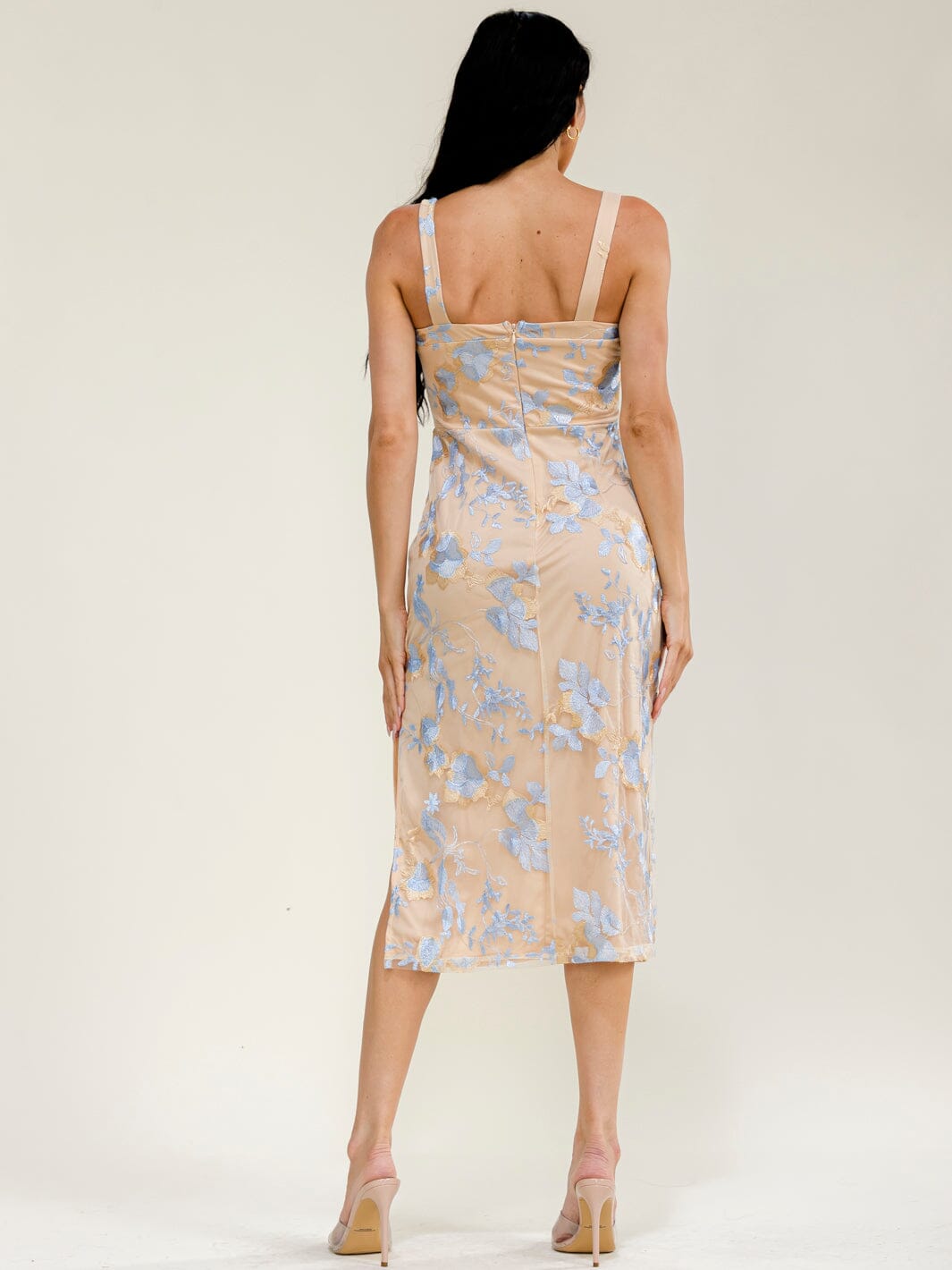 WOMEN'S SLEEVELESS SIDE SLIT FLORAL EMBROIDERY MIDI DRESS
