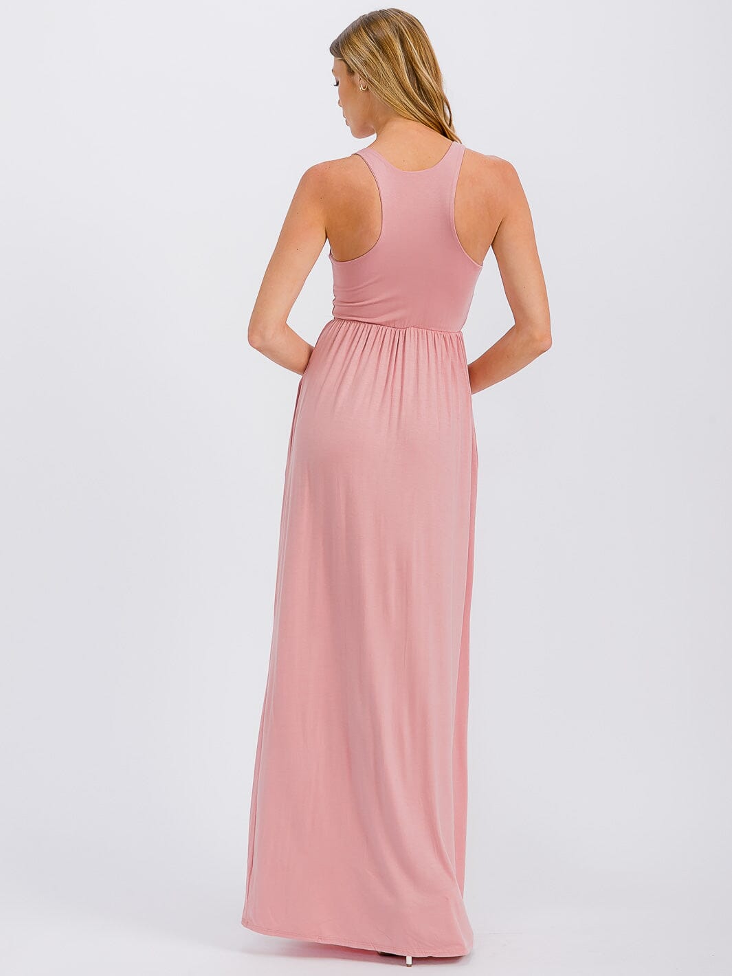 WOMEN'S SLEEVELESS ELASTIC WAIST FRONT POCKETS MAXI DRESS