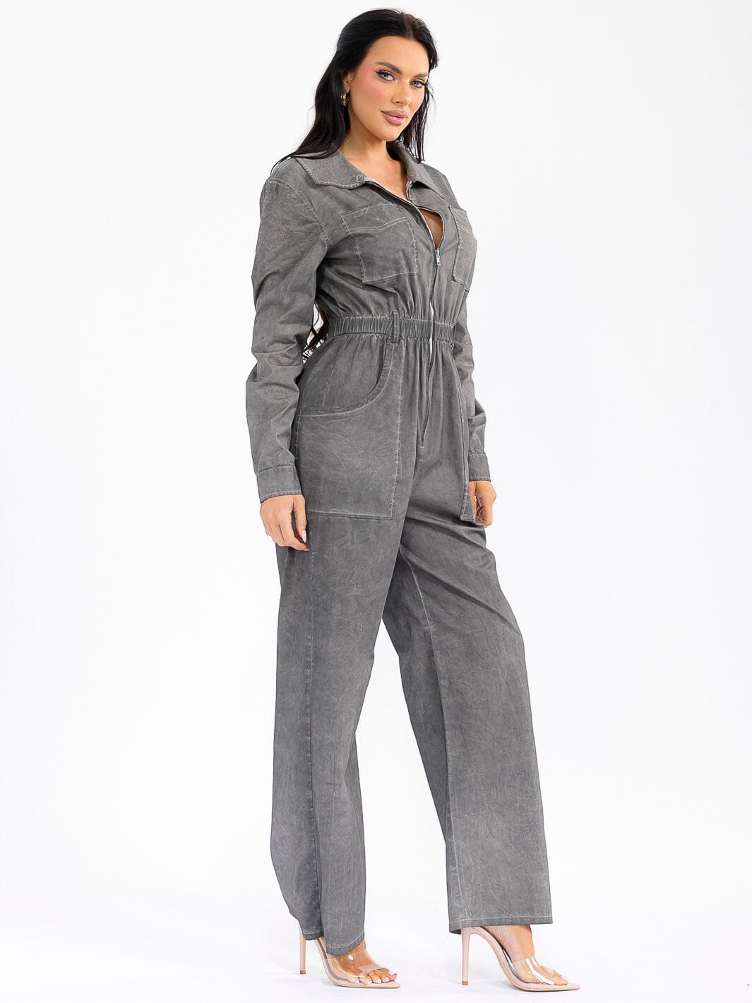 WOMEN'S LONG SLEEVE ZIP UP POCKETS ELASTIC WAIST STRETCH DENIM WASHED JUMPSUIT