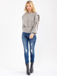WOMEN'S LONG DETAILED SLEEVE SOLID PULLOVER SWEATER