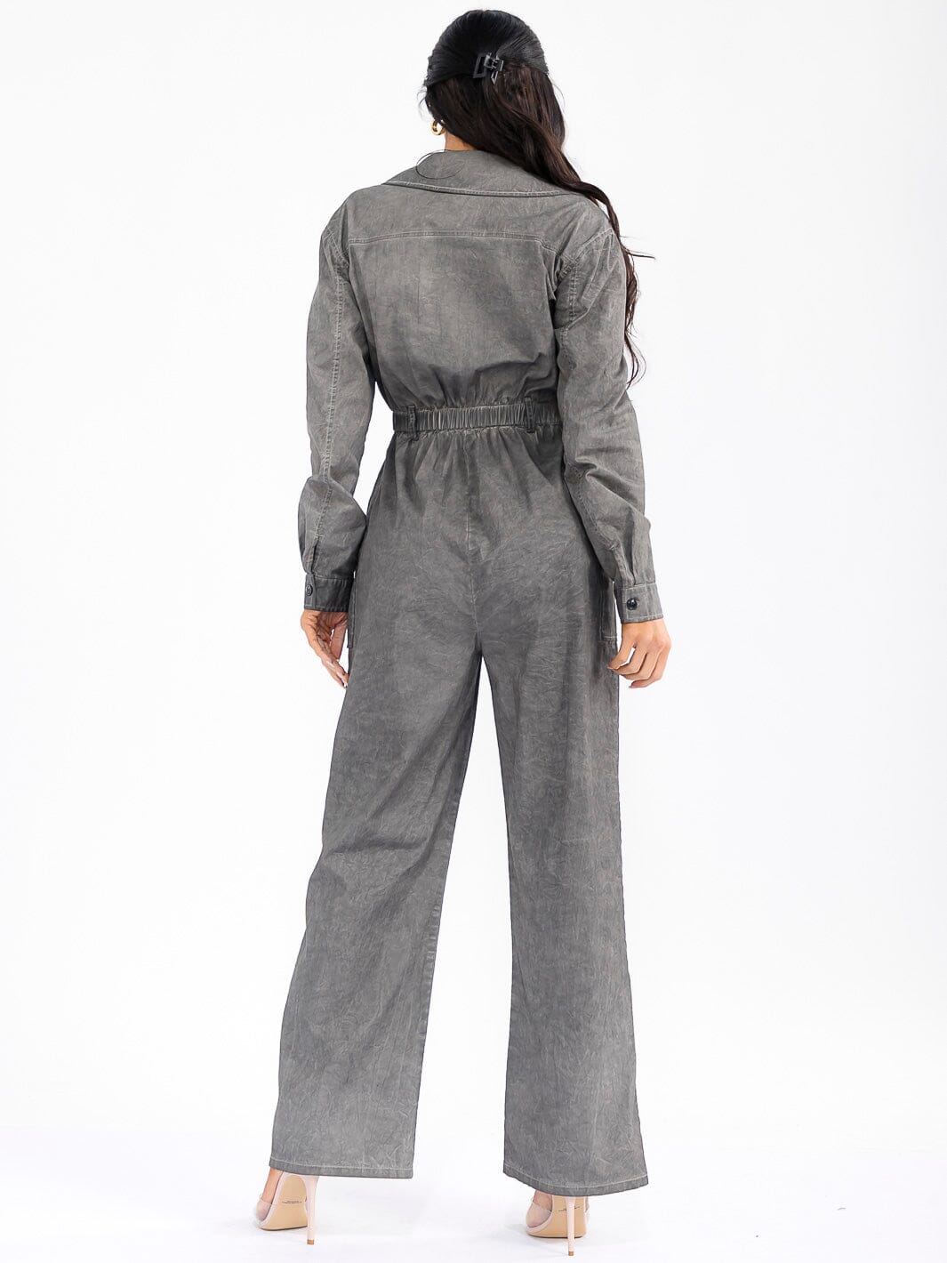 WOMEN'S LONG SLEEVE ZIP UP POCKETS ELASTIC WAIST STRETCH DENIM WASHED JUMPSUIT