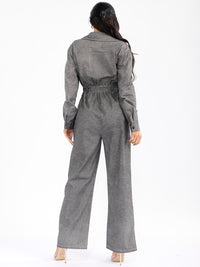 WOMEN'S LONG SLEEVE ZIP UP POCKETS ELASTIC WAIST STRETCH DENIM WASHED JUMPSUIT