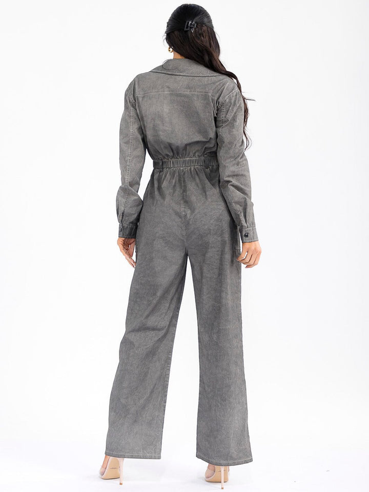 WOMEN'S LONG SLEEVE ZIP UP POCKETS ELASTIC WAIST STRETCH DENIM WASHED JUMPSUIT