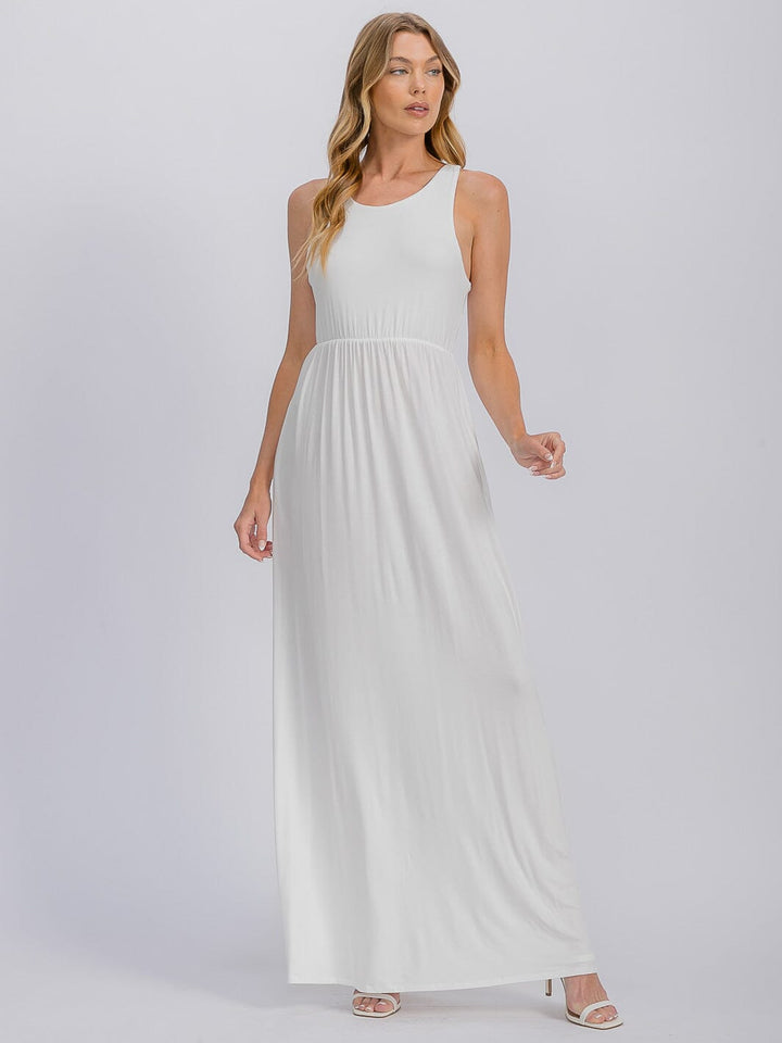 WOMEN'S SLEEVELESS ELASTIC WAIST FRONT POCKETS MAXI DRESS