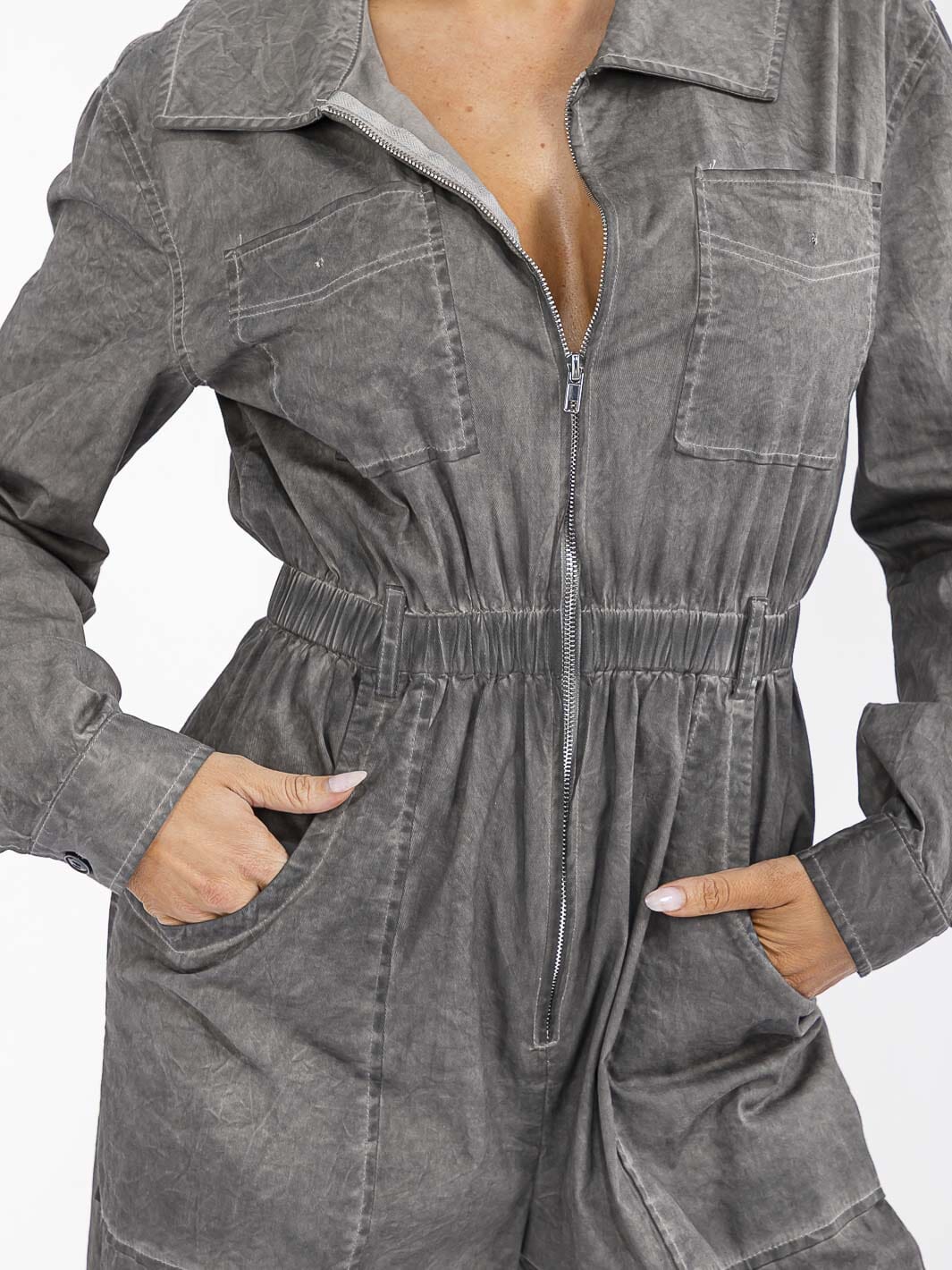 WOMEN'S LONG SLEEVE ZIP UP POCKETS ELASTIC WAIST STRETCH DENIM WASHED JUMPSUIT