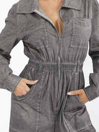 WOMEN'S LONG SLEEVE ZIP UP POCKETS ELASTIC WAIST STRETCH DENIM WASHED JUMPSUIT