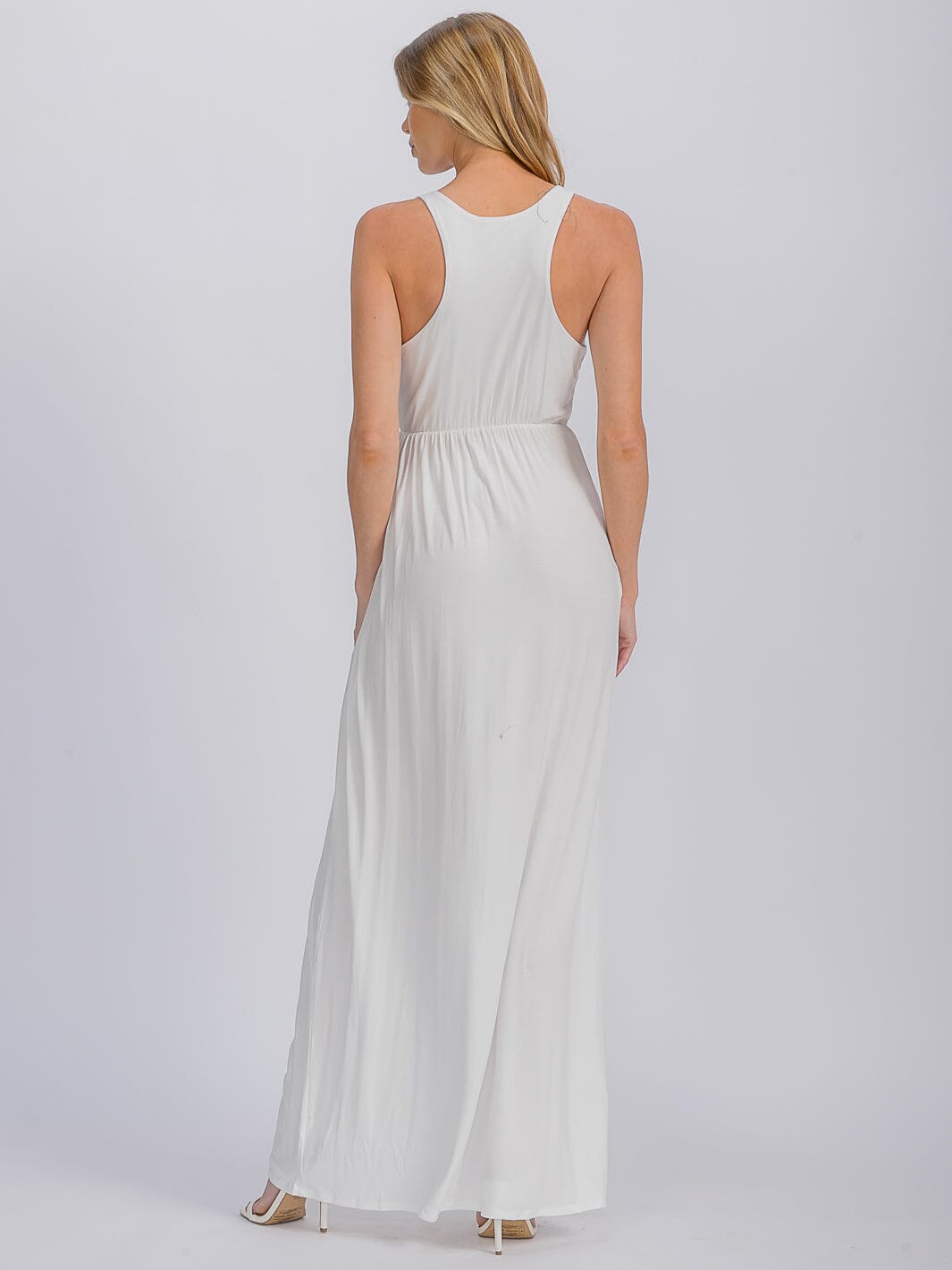 WOMEN'S SLEEVELESS ELASTIC WAIST FRONT POCKETS MAXI DRESS