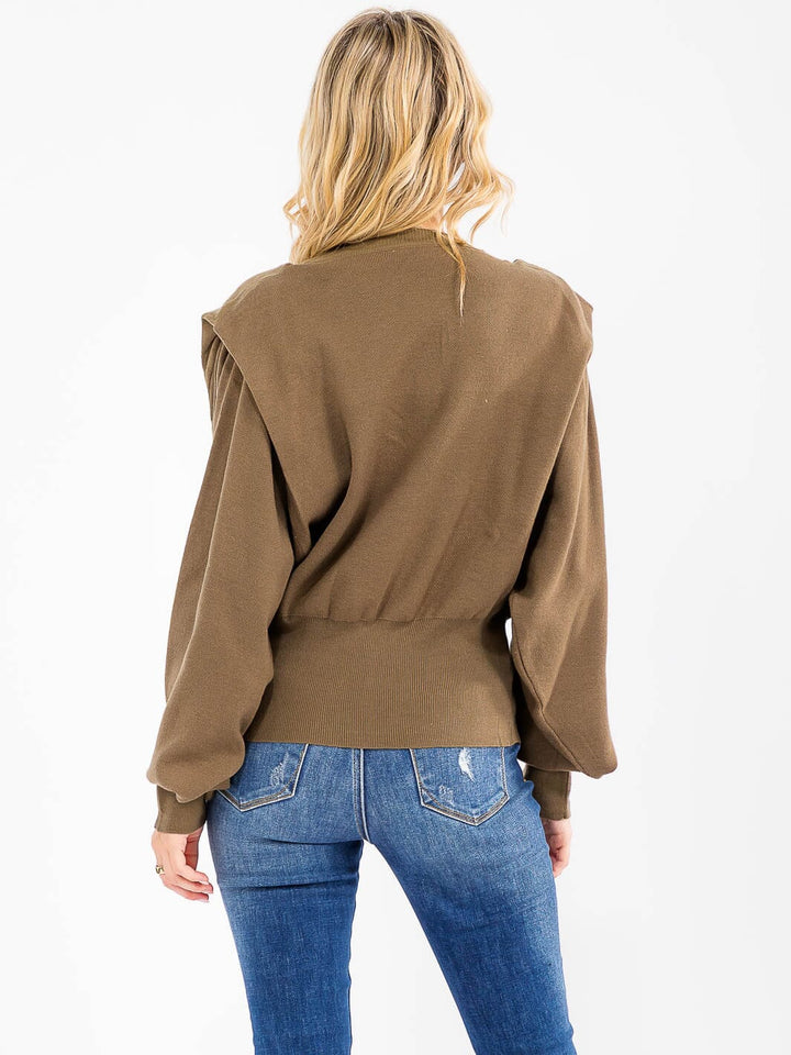 WOMEN'S LONG DETAILED SLEEVE SOLID PULLOVER SWEATER