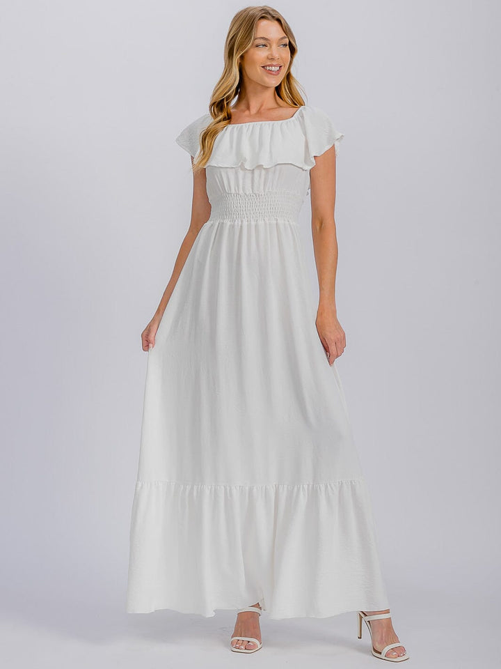 WOMEN'S SHORT SLEEVE ELASTIC WAIST FRONT POCKETS MAXI DRESS (Copy)