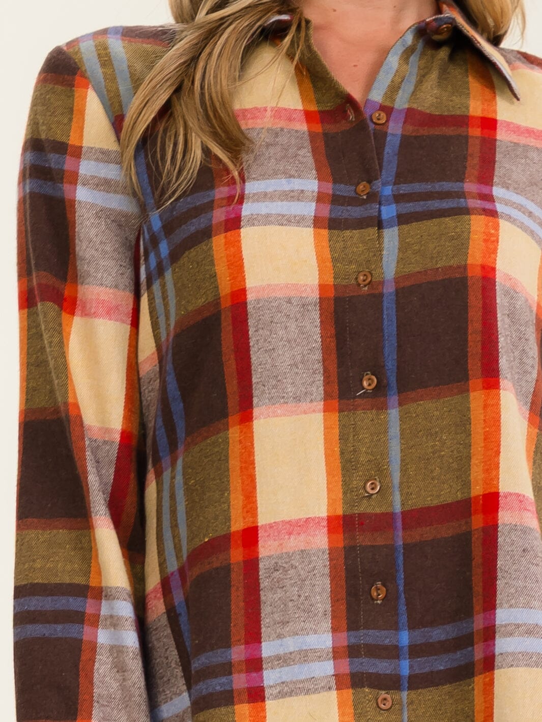 WOMEN'S LONG SLEEVE BUTTON UP COLORBLOCK PLAID SHIRT