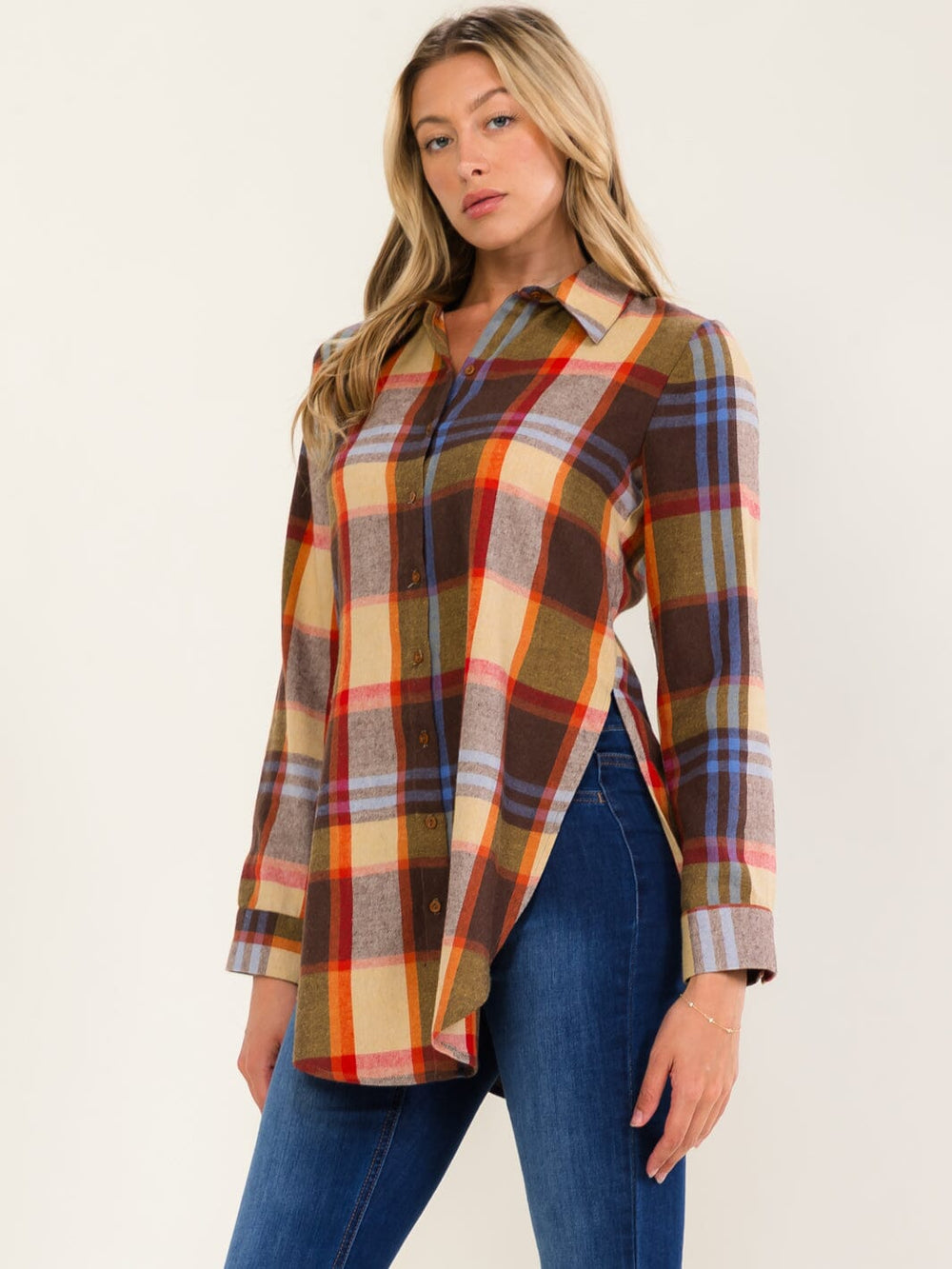 WOMEN'S LONG SLEEVE BUTTON UP COLORBLOCK PLAID SHIRT