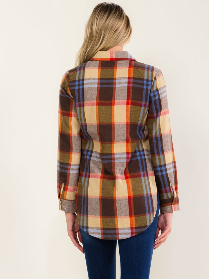 WOMEN'S LONG SLEEVE BUTTON UP COLORBLOCK PLAID SHIRT
