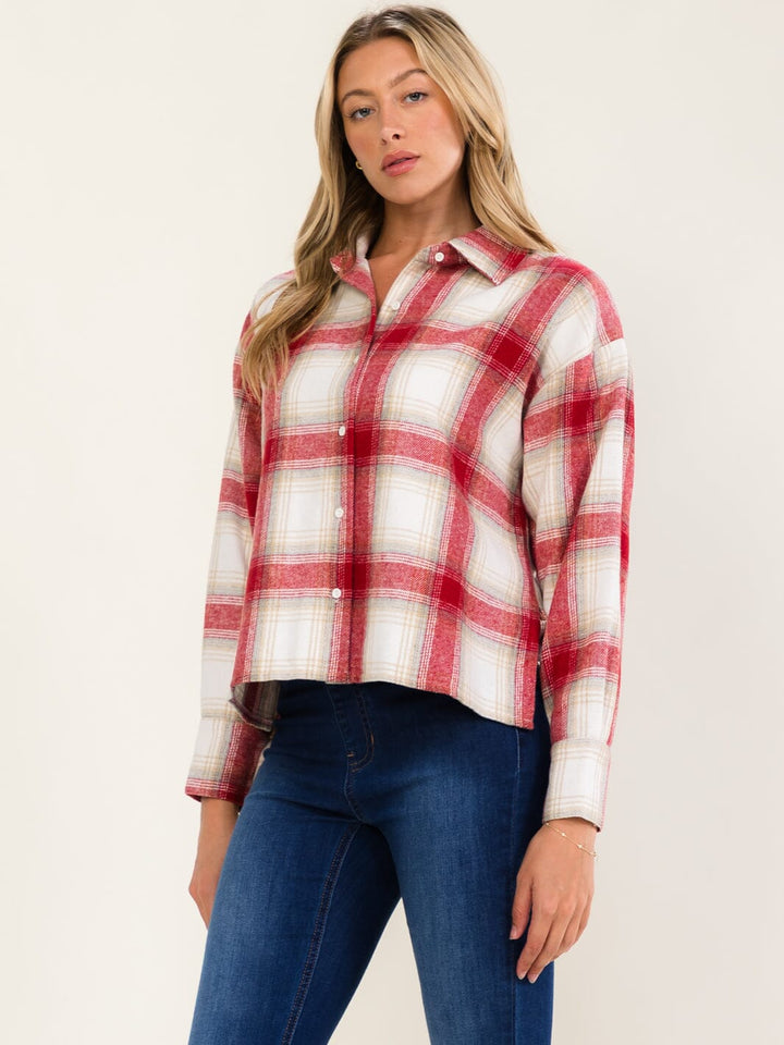 WOMEN'S LONG SLEEVE BUTTON UP COLORBLOCK PLAID SHIRT