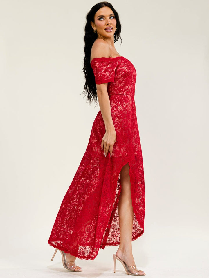 WOMEN'S OFF SHOULDER SHORT SLEEVE FRONT SLIT LACE CROCHET MAXI DRESS