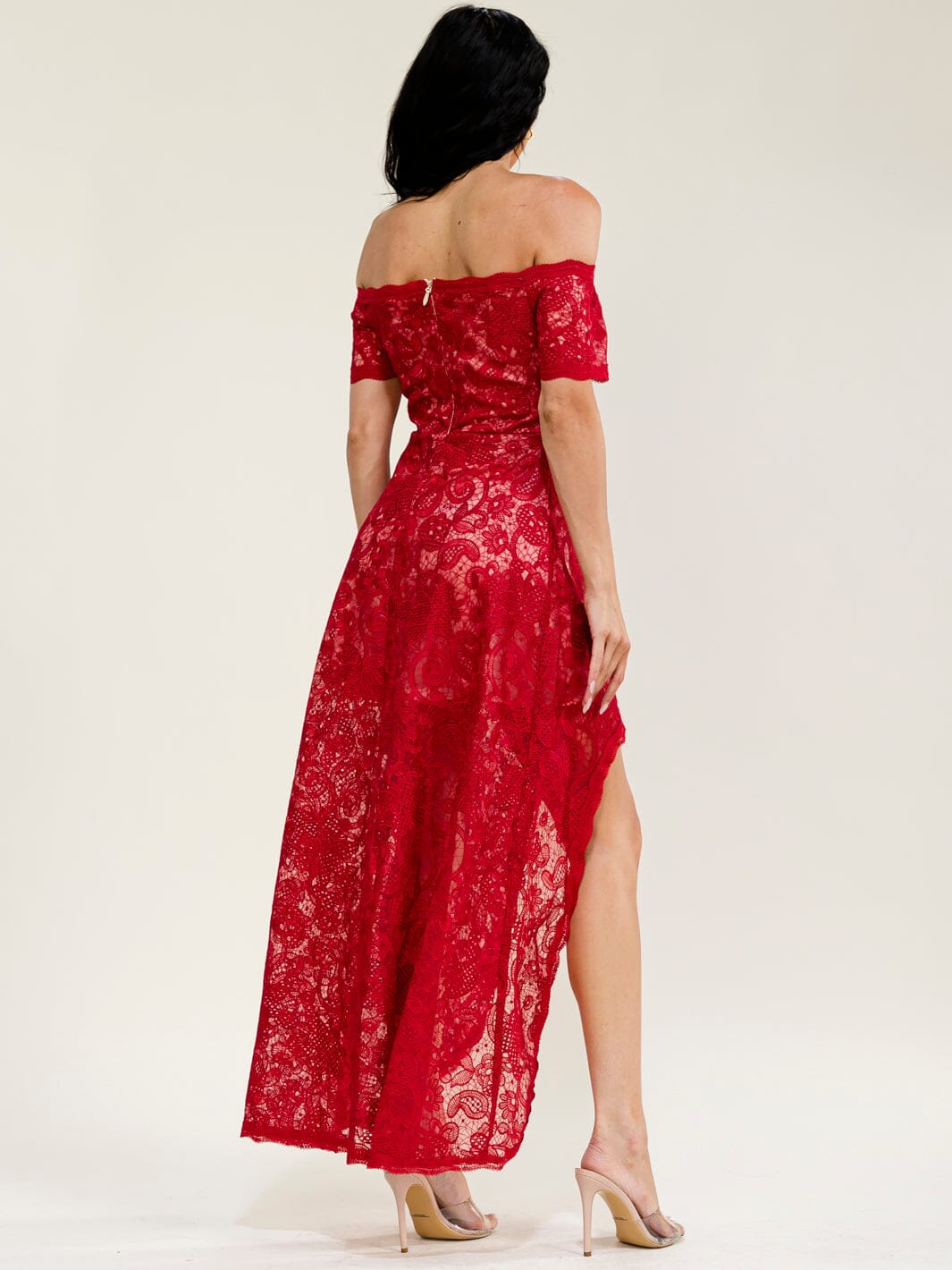 WOMEN'S OFF SHOULDER SHORT SLEEVE FRONT SLIT LACE CROCHET MAXI DRESS