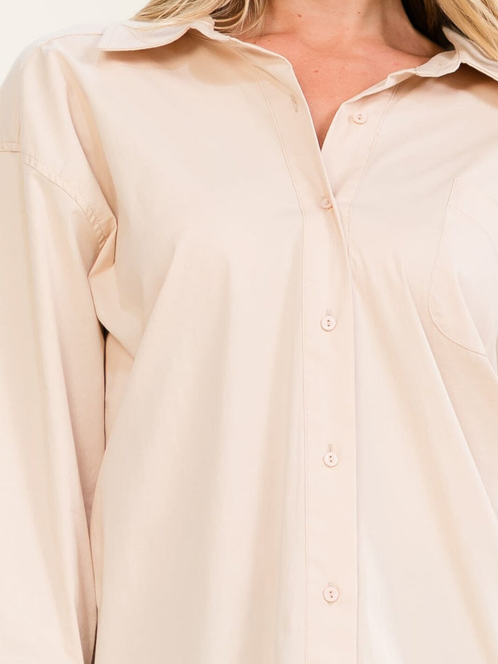 WOMEN'S LONG SLEEVE BUTTON UP FRONT POCKET COLLAR BLOUSE