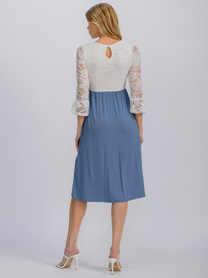 WOMEN'S 3/4 SLEEVE FRONT POCKET LACE CONTRAST DETAILED MIDI DRESS