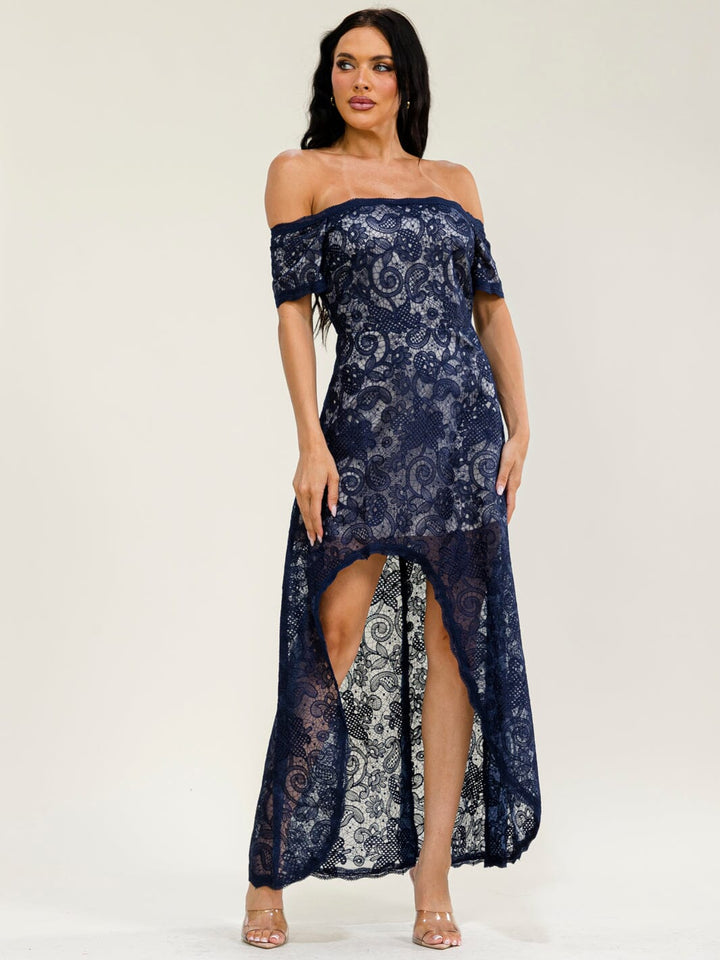 WOMEN'S OFF SHOULDER SHORT SLEEVE FRONT SLIT LACE CROCHET MAXI DRESS