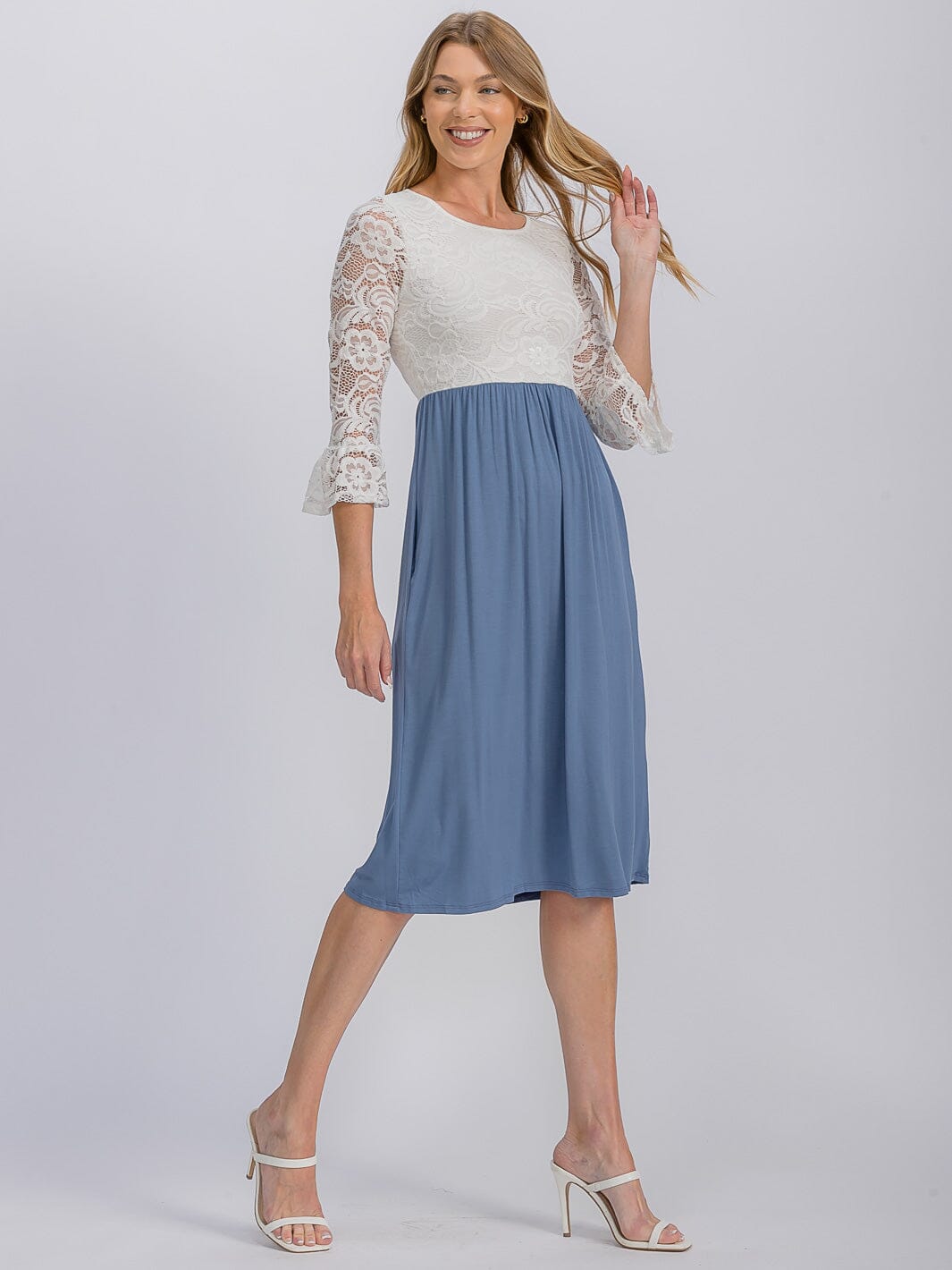 WOMEN'S 3/4 SLEEVE FRONT POCKET LACE CONTRAST DETAILED MIDI DRESS