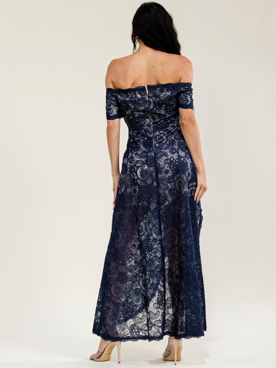 WOMEN'S OFF SHOULDER SHORT SLEEVE FRONT SLIT LACE CROCHET MAXI DRESS