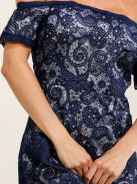 WOMEN'S OFF SHOULDER SHORT SLEEVE FRONT SLIT LACE CROCHET MAXI DRESS