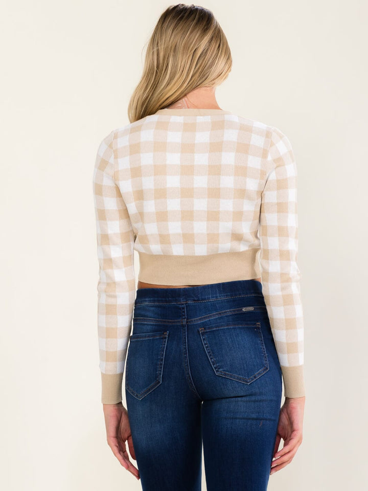 WOMEN'S LONG SLEEVE V-NECK BUTTON UP CROP SWEATER