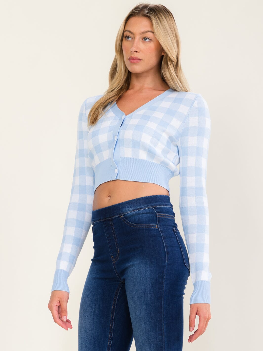 WOMEN'S LONG SLEEVE V-NECK BUTTON UP CROP SWEATER
