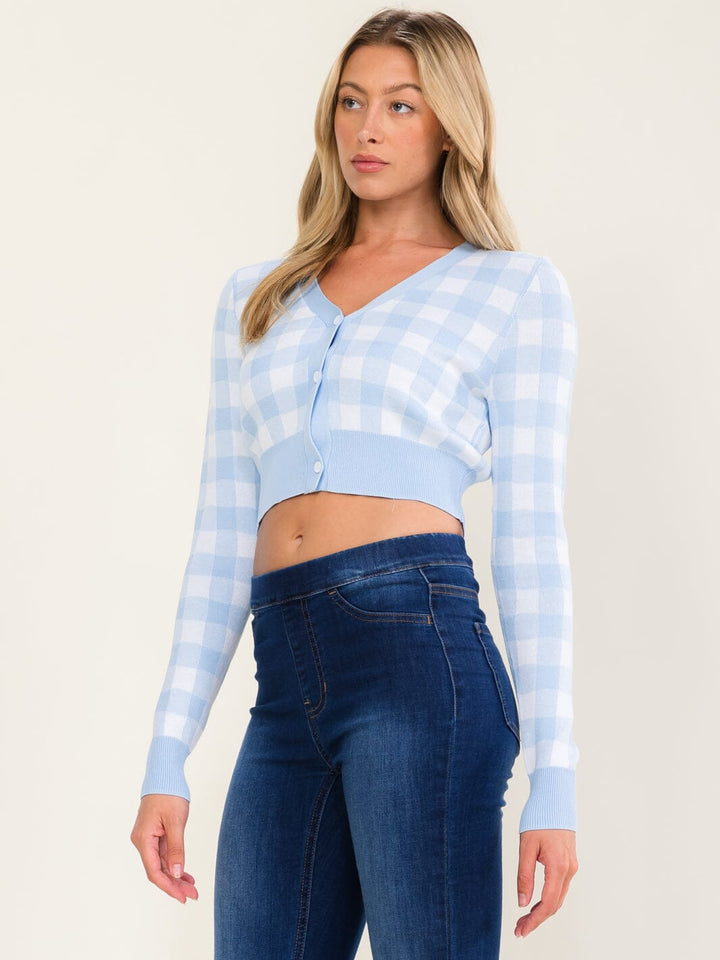 WOMEN'S LONG SLEEVE V-NECK BUTTON UP CROP SWEATER