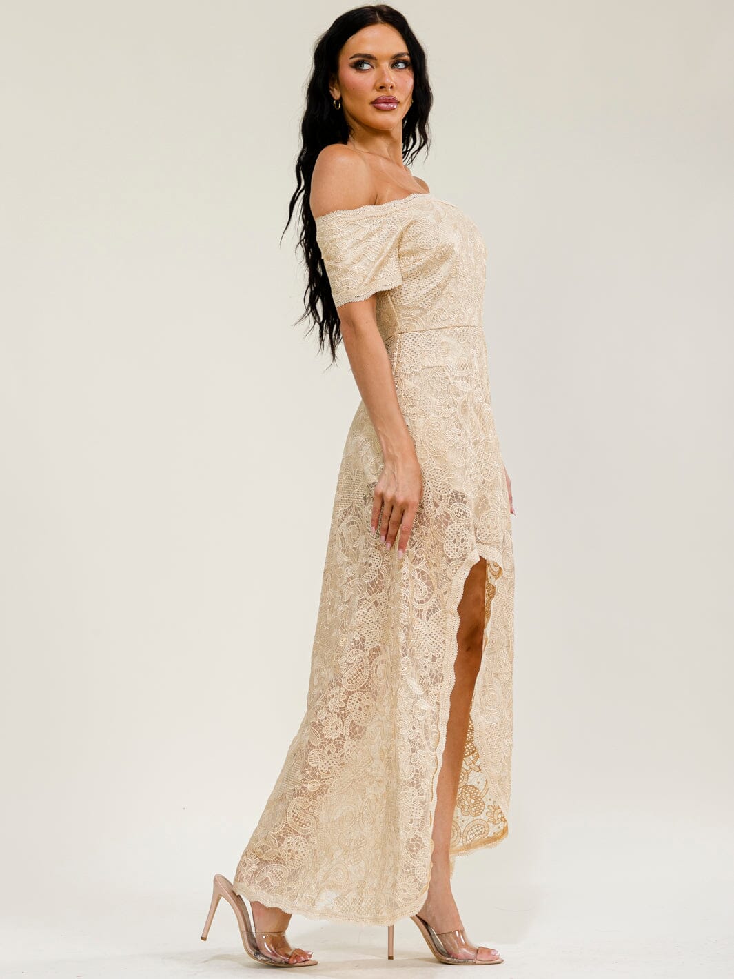 WOMEN'S OFF SHOULDER SHORT SLEEVE FRONT SLIT LACE CROCHET MAXI DRESS