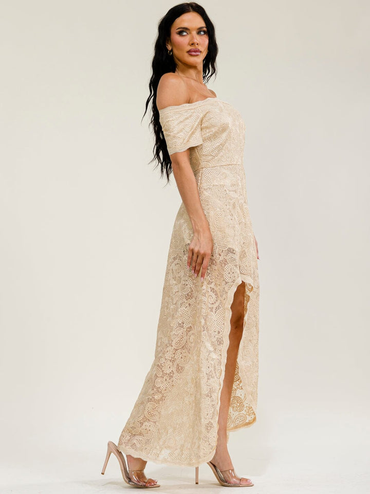 WOMEN'S OFF SHOULDER SHORT SLEEVE FRONT SLIT LACE CROCHET MAXI DRESS