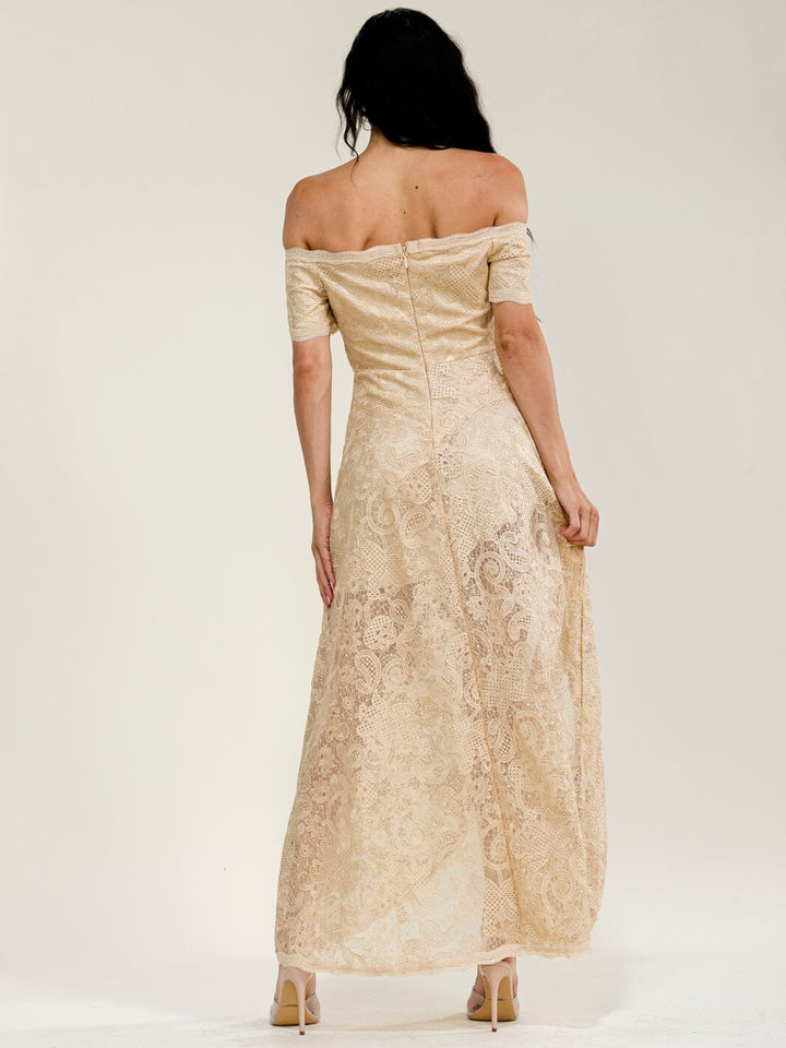 WOMEN'S OFF SHOULDER SHORT SLEEVE FRONT SLIT LACE CROCHET MAXI DRESS