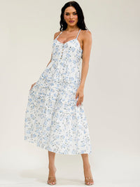 JUST ME WOMEN'S SLEEVELESS V-NECK OPEN BACK TIERED FLORAL MAXI DRESS