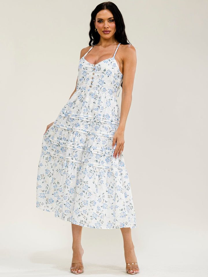 JUST ME WOMEN'S SLEEVELESS V-NECK OPEN BACK TIERED FLORAL MAXI DRESS