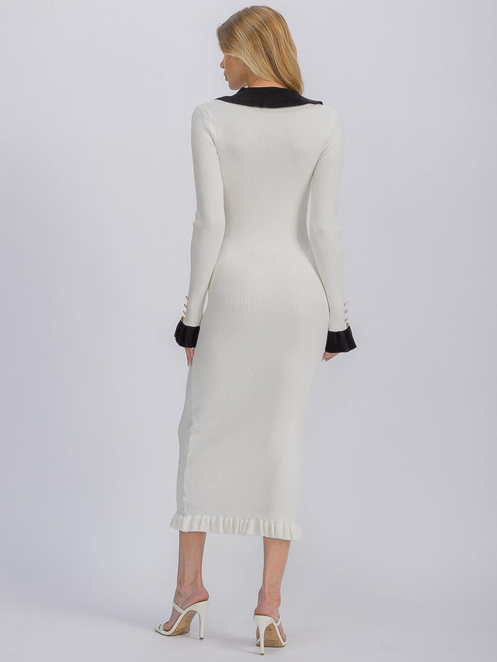 WOMEN'S LONG SLEEVE V-NECK RIBBED RUFFLE BOTTOM HEM BODYCON MAXI DRESS