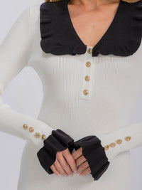 WOMEN'S LONG SLEEVE V-NECK RIBBED RUFFLE BOTTOM HEM BODYCON MAXI DRESS