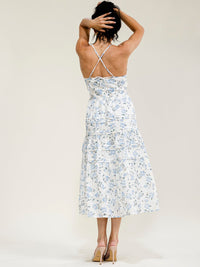 JUST ME WOMEN'S SLEEVELESS V-NECK OPEN BACK TIERED FLORAL MAXI DRESS