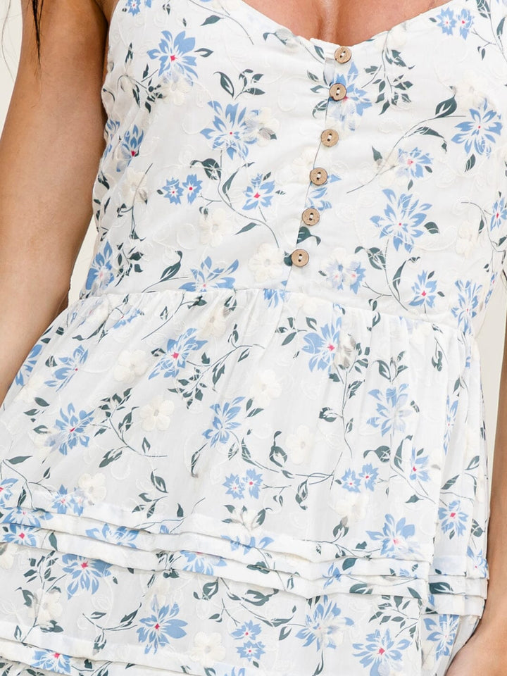 JUST ME WOMEN'S SLEEVELESS V-NECK OPEN BACK TIERED FLORAL MAXI DRESS
