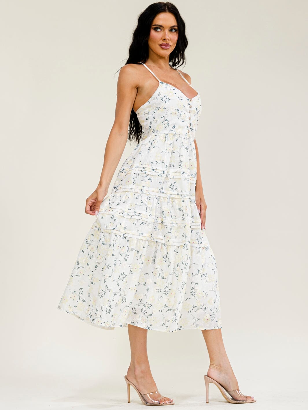 JUST ME WOMEN'S SLEEVELESS V-NECK OPEN BACK TIERED FLORAL MAXI DRESS