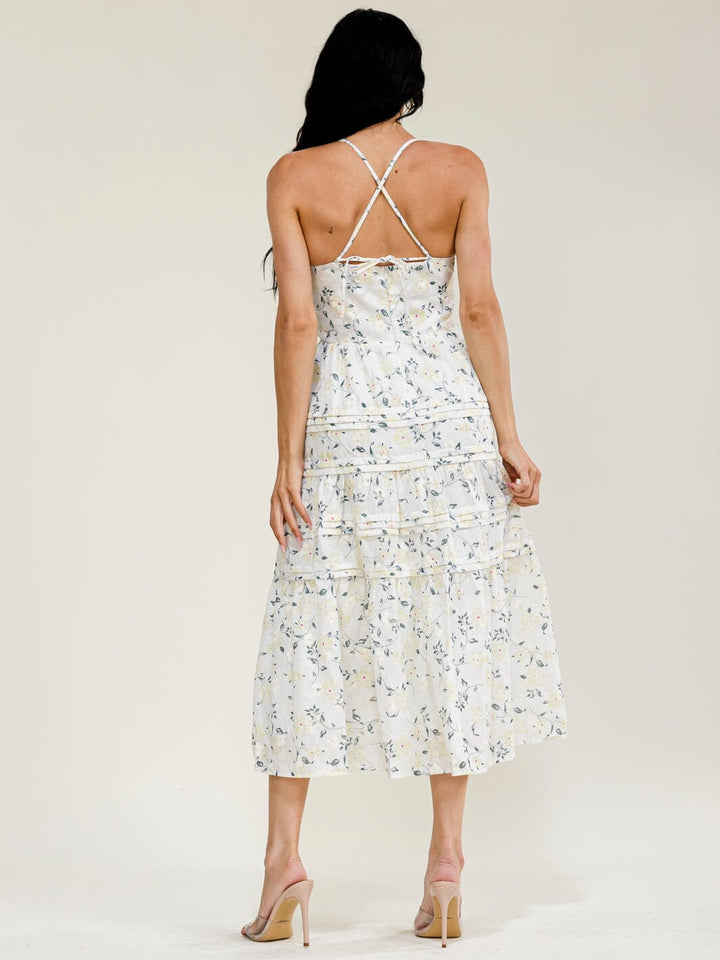 JUST ME WOMEN'S SLEEVELESS V-NECK OPEN BACK TIERED FLORAL MAXI DRESS