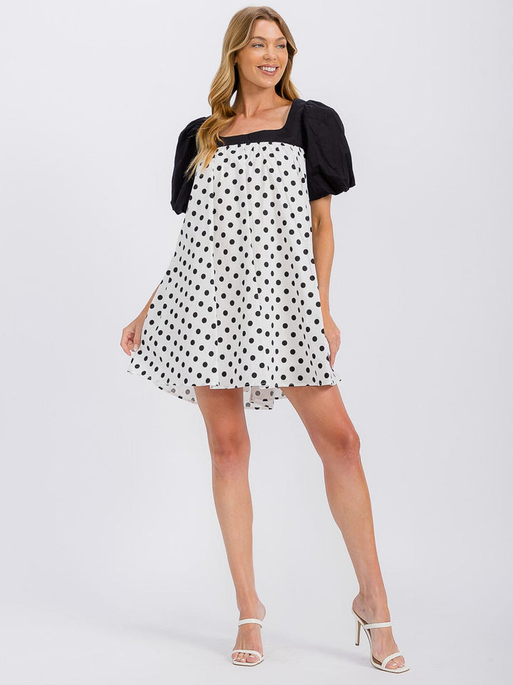 WOMEN'S SHORT SLEEVE COLORBLOCK POLKA DOTS TUNIC MINI DRESS